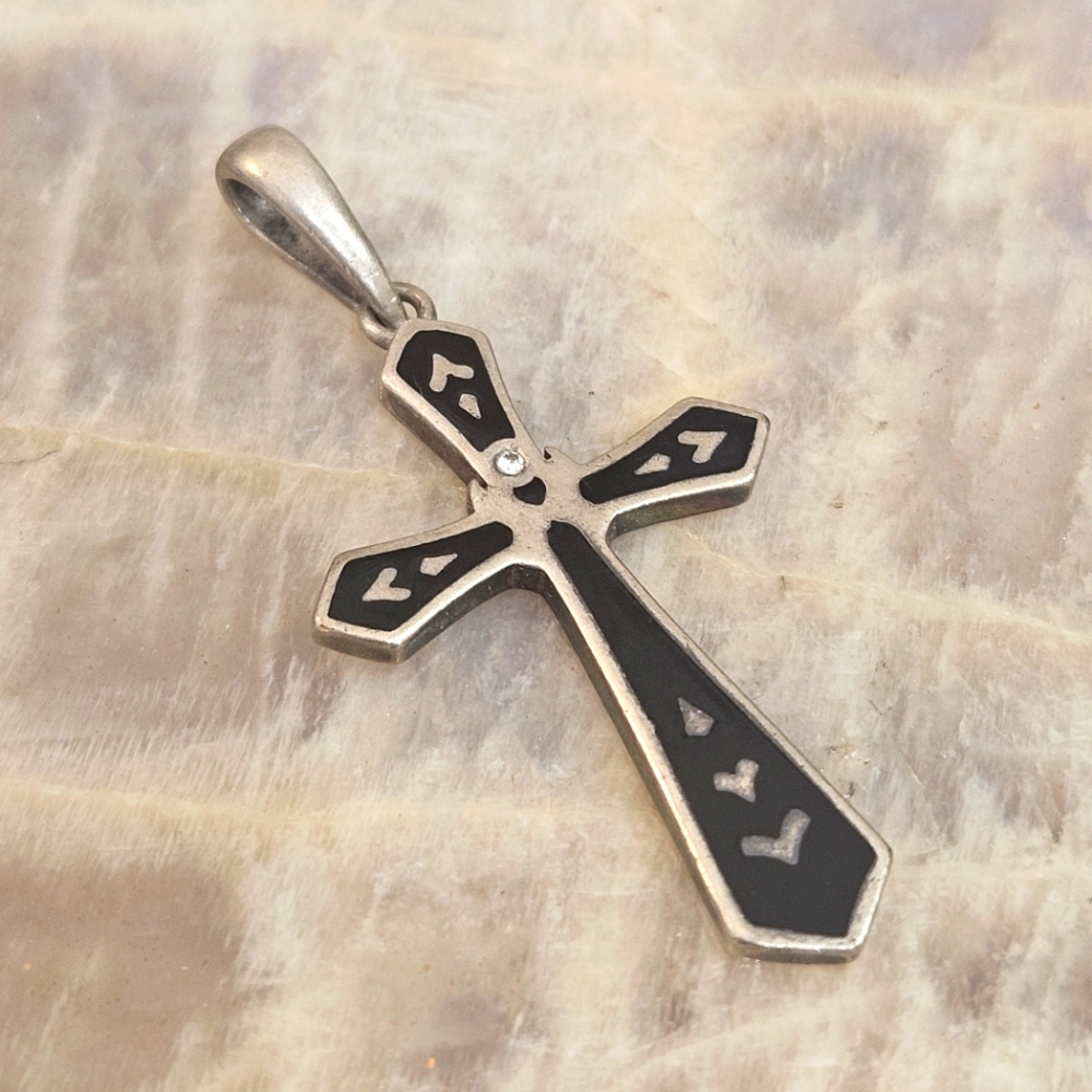 Designer Onyx Diamond Accent Sterling Silver Cross 925 Hallmarked